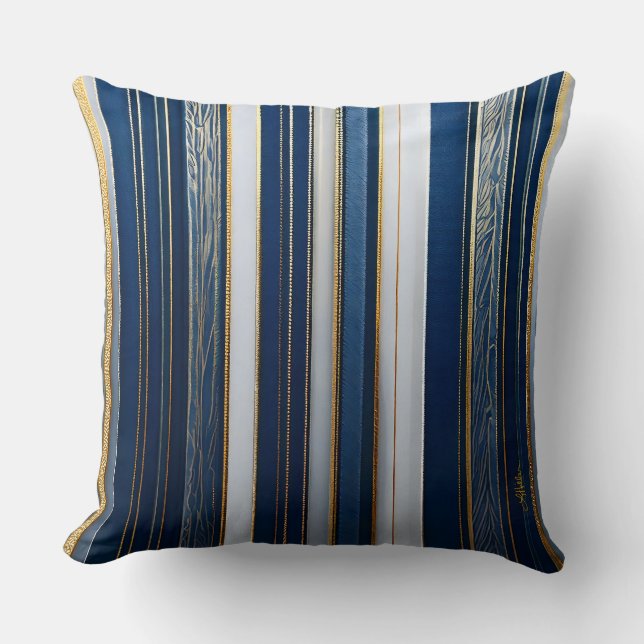 Almofada Listras de Natal Azul Branco Dourado (Frente)