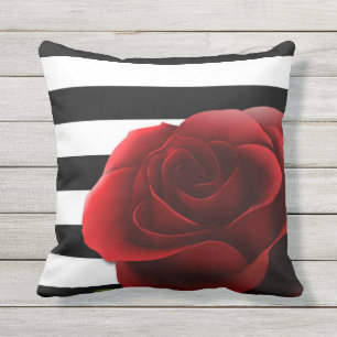Almofada Listras do branco da rosa vermelha & do preto