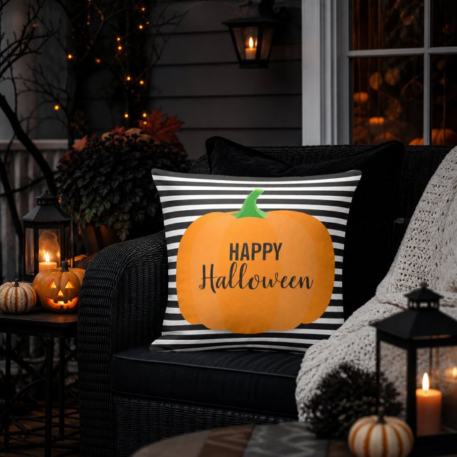 Almofada Listras Pretas Modernas de Halloween com Abóbora (Criador carregado)
