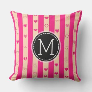 Almofada Listras Rosa Quente Monograma Padrão de Coração Mo