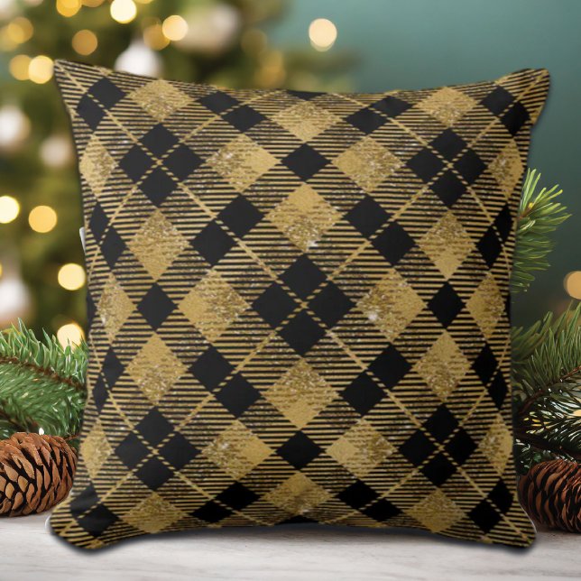 Almofada Lítima Dourada Elegante de Tartan Preto (Criador carregado)