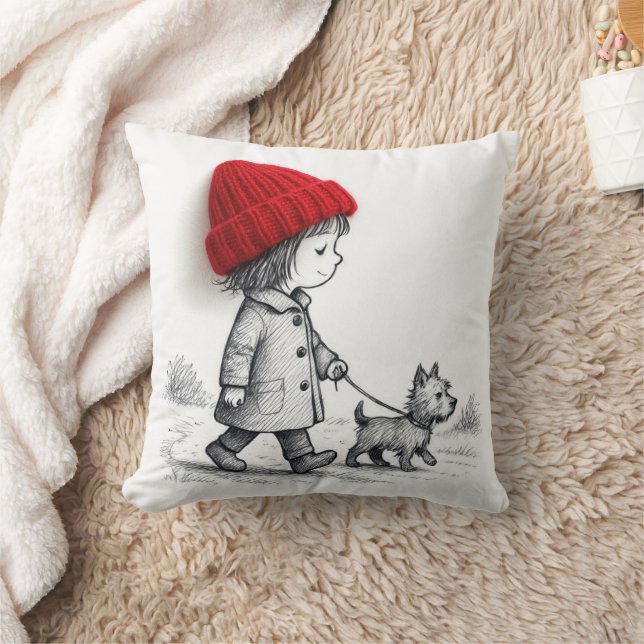 Almofada Little Girl In 3-D Red Hat Walking Her Dog (Cobertor)