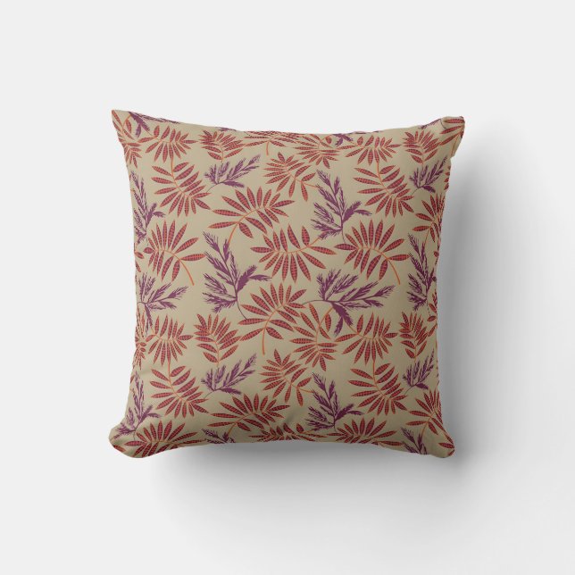 Almofada Lively Red and Purple Leaf Motifs on Neutral Beige (Frente)