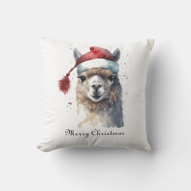 Almofada Llama de Natal com Chapéu de Papai Noel e Texto Pe (Frente)