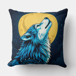 Almofada Lobo Azul Místico Uivando para uma Lua Cheia