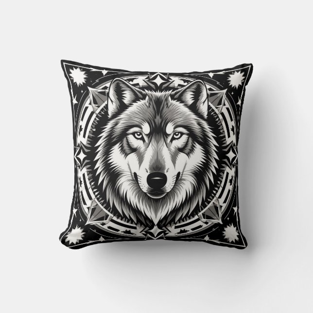 Almofada Lobo em uma Mandala Geométrica e Decorativa (Frente)