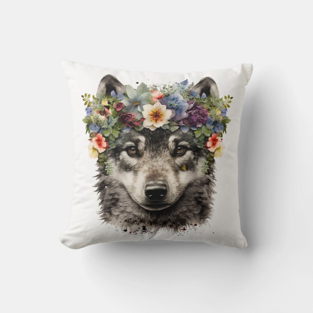 Almofada Lobo Floral de Watercolor (Frente)