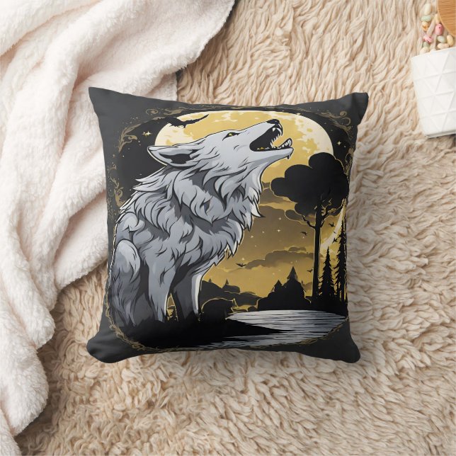 Almofada Lobo Majestoso Howling à Lua. (Cobertor)