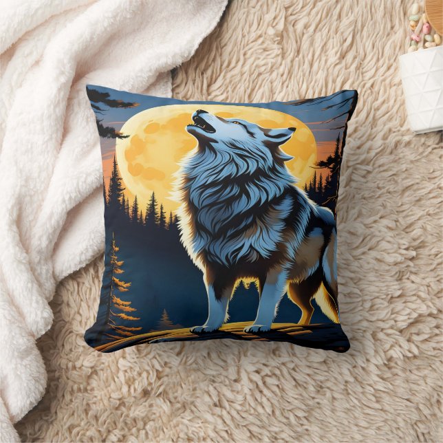 Almofada Lobo Majestoso Howling na Lua. (Cobertor)