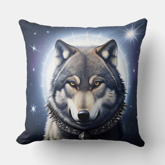 Almofada Lobo Majestoso Sob Céu Estrelado (Frente)