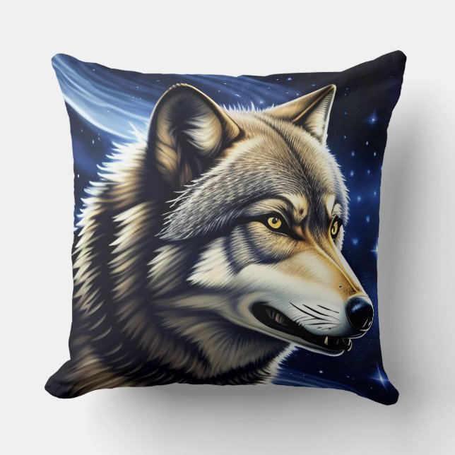 Almofada Lobo Majestoso Sob Céu Estrelado (Frente)