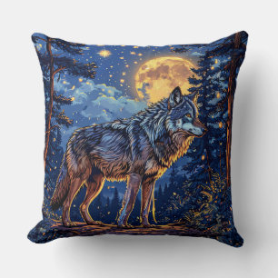 Almofada Lobo Místico Sob a Lua 🌕🐺 Noite da Floresta Enca