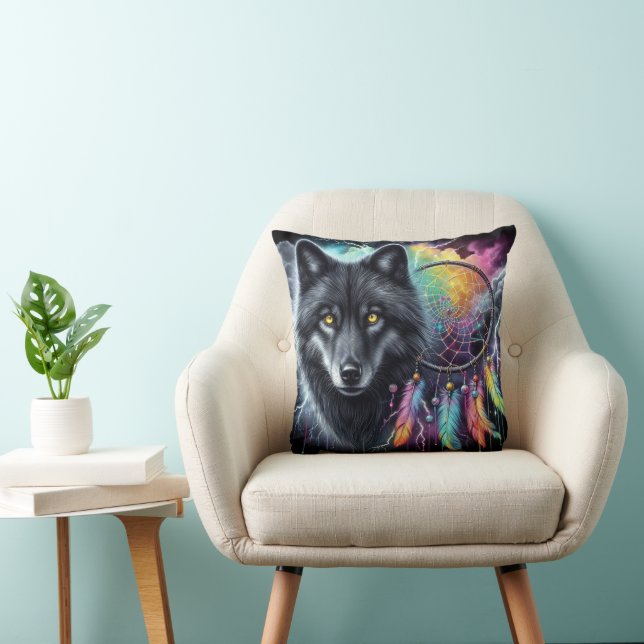 Almofada Lobo Negro com um Apanhador de Sonhos (Cadeira)