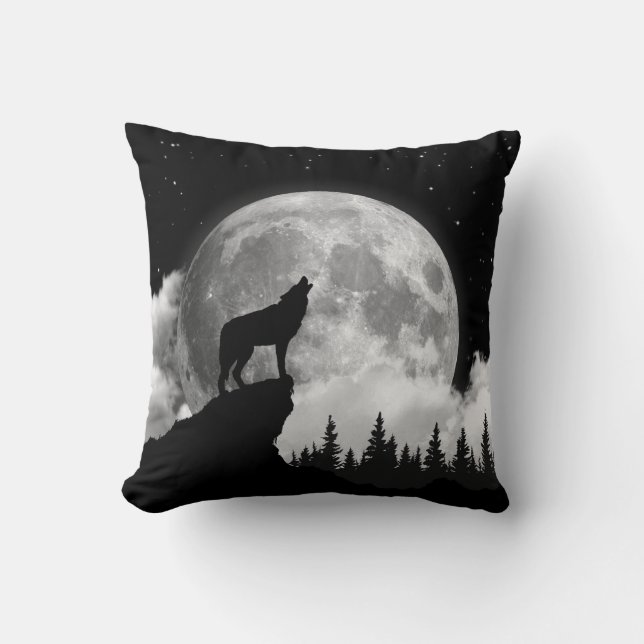 Almofada Lobo negro e branco uivando na lua (Frente)