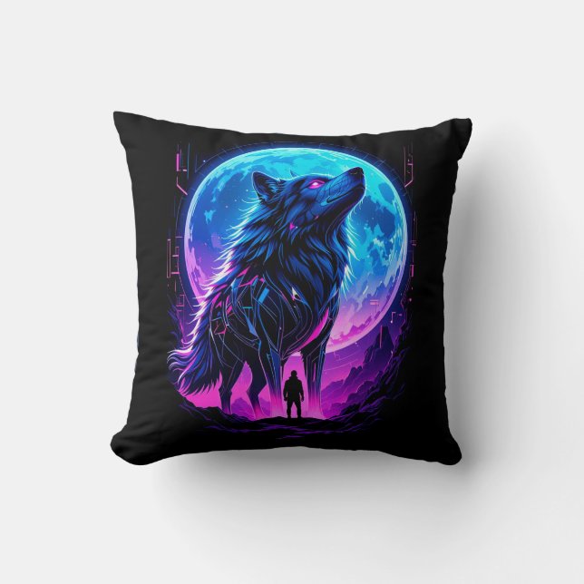 Almofada Lobo Neon Cyberpunk Vibrante (Frente)