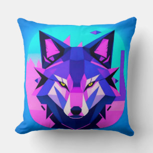 Almofada Lobo Neon Futurista em Arte Geométrica