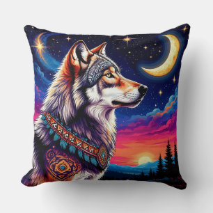 Almofada Lobo sob a Lua Crescente à Noite