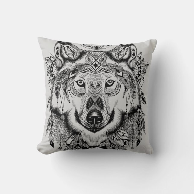 Almofada Lobo tribal indiano (Frente)