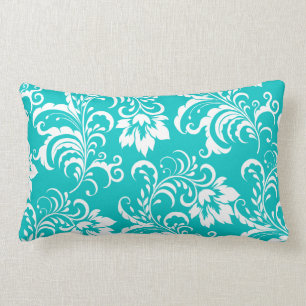 Almofada Lombar 1 Travesseiro Azul Turquesa Branco Damasco Floral