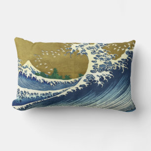 Almofada Lombar A Grande Onda (Arte Japonesa Azul e Dourada, Hokus