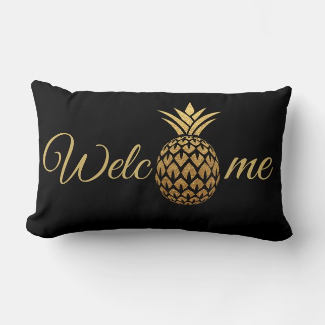 Almofada Lombar Abacaxi Dourado Preto Bem-vindo (Frente)
