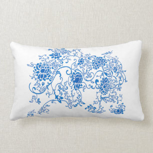 Almofada Lombar Acento oriental azul e porcelana branca floral