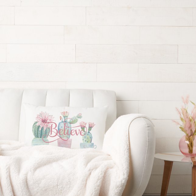 Almofada Lombar Acredite Cactos Verdes Cor-de-Rosa Flor Suculente (Sofá)