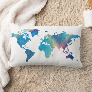 Almofada Lombar Água Verde Azul Mapa Mundi Aquarela Viagem