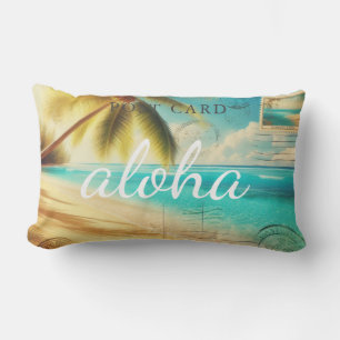 Almofada Lombar Aloha Hawaiian Vintage Postcard Tropical Palm Tree