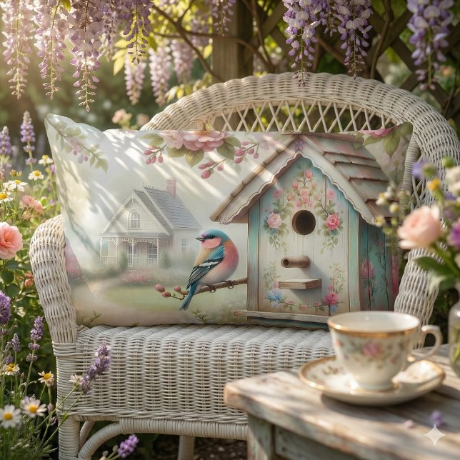 Almofada Lombar Aniversário De primavera com Flores De Pastel E Av (Spring Birdhouse With Pastel Flowers And Bird Lumbar Pillow Mockup 2)