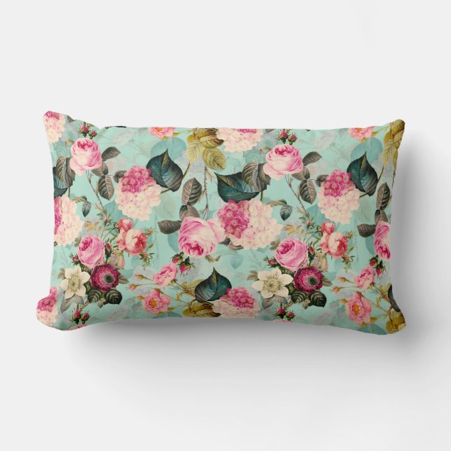 Almofada Lombar Antiquado Rosa Nostálgico Redouté Mint (Frente)