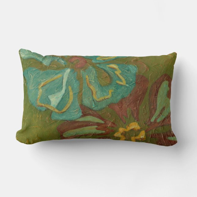 Almofada Lombar Aqua e Flores Laranja Queimadas em Fundo Verde (Frente)