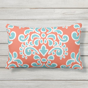 Almofada Lombar Aqua floral e coral do damasco de Ikat