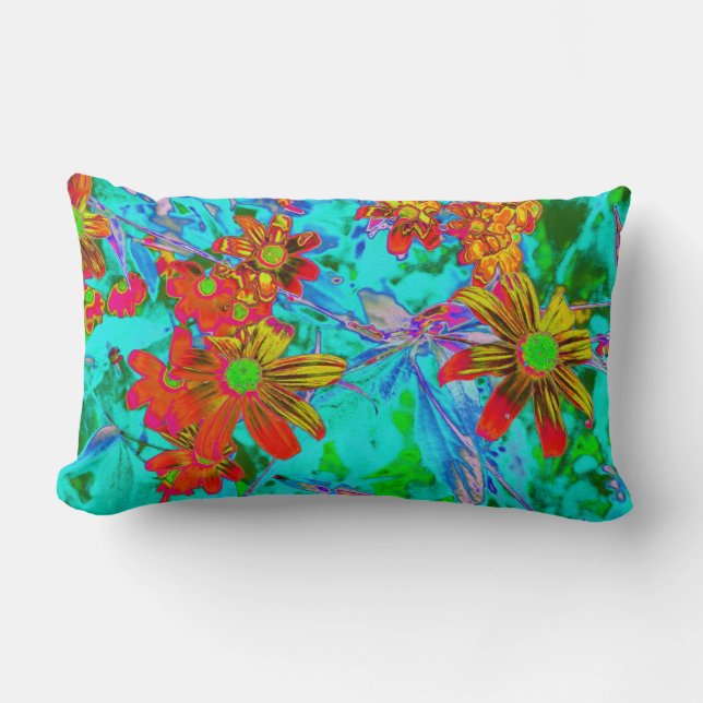 Almofada Lombar Aqua Tropical com Flores Amarelas e Laranja (Frente)