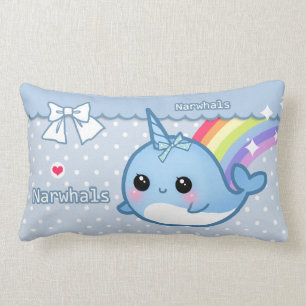Almofada Lombar Arco-íris bonito narwhal nas bolinhas brancas &