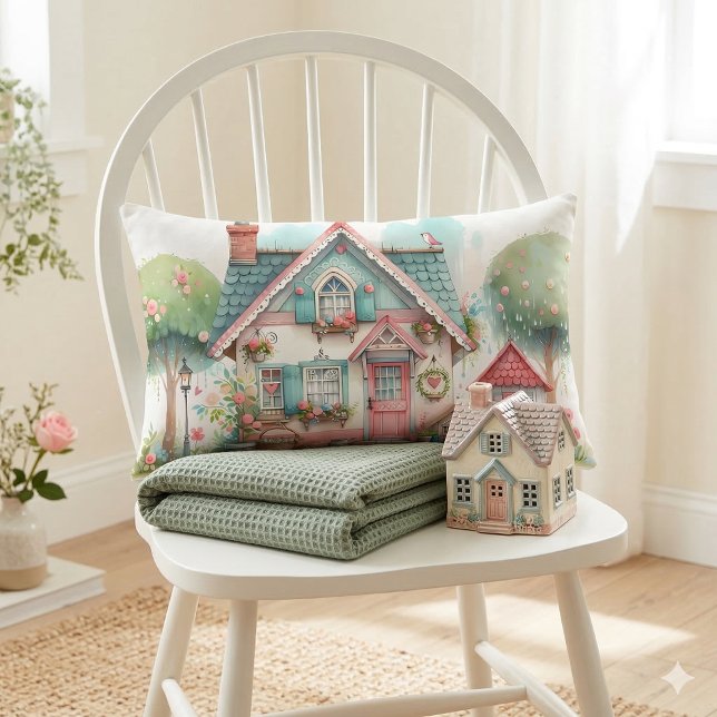 Almofada Lombar Arte de Casa de Contos de Fadas Pastel Caprichosa (Whimsical Pastel Fairy Tale Cottage Art Lumbar Pillow Mockup A)
