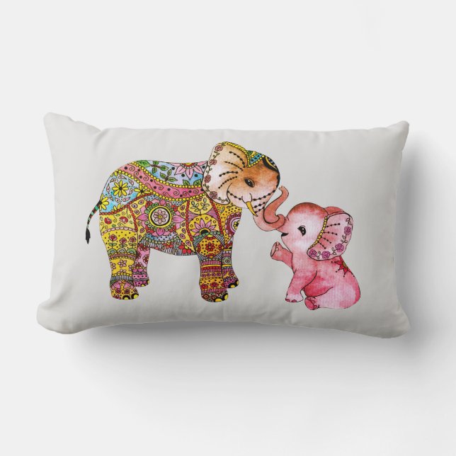 Almofada Lombar Arte de Elefante Mãe e Bebê em Aquarela Boho Fofa (Frente)