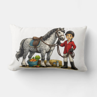 Almofada Lombar Arte de jovem cavaleiro fofo com cavalo cinza-pomb