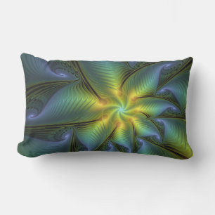 Almofada Lombar Arte fractal abstrata em azul verde dourado brilha