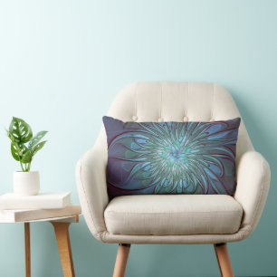 Almofada Lombar Arte Fractal de Flor Azul Moderno, Abstrato Trendy