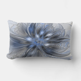 Almofada Lombar Arte Fractal Floral Abstrata em Aquarela Azul Cinz