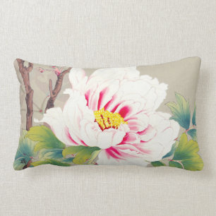 Almofada Lombar Arte japonesa da flor da camélia cor-de-rosa de