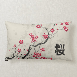Almofada Lombar Arte oriental da flor de cerejeira de Sakura do
