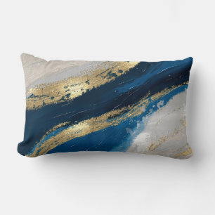 Almofada Lombar Azul, Dourado Abstrato Brushstrokes, Chic Modern