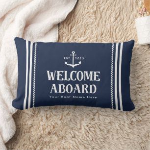 Almofada Lombar Azul Personalizado Listrado Barco Náutico Bem-vind