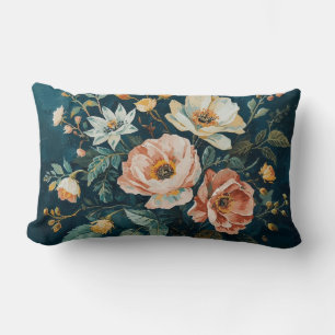 Almofada Lombar Azul Teal Escuro Laranja Floral Cottagecore Vintag