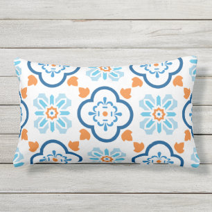 Almofada Lombar Azulejo Espanhol Mediterrâneo Azul Laranja Branco