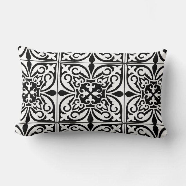 Almofada Lombar Azulejo marroquino - branco com fundo preto (Frente)
