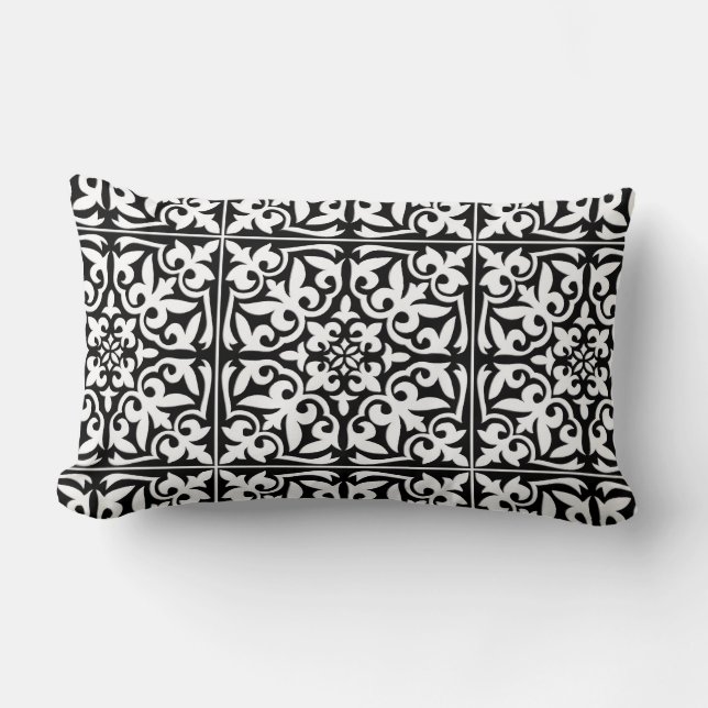 Almofada Lombar Azulejo marroquino - preto com fundo branco (Frente)