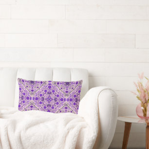 Almofada Lombar Azulejos florais, cor-de-rosa violeta e algodão do